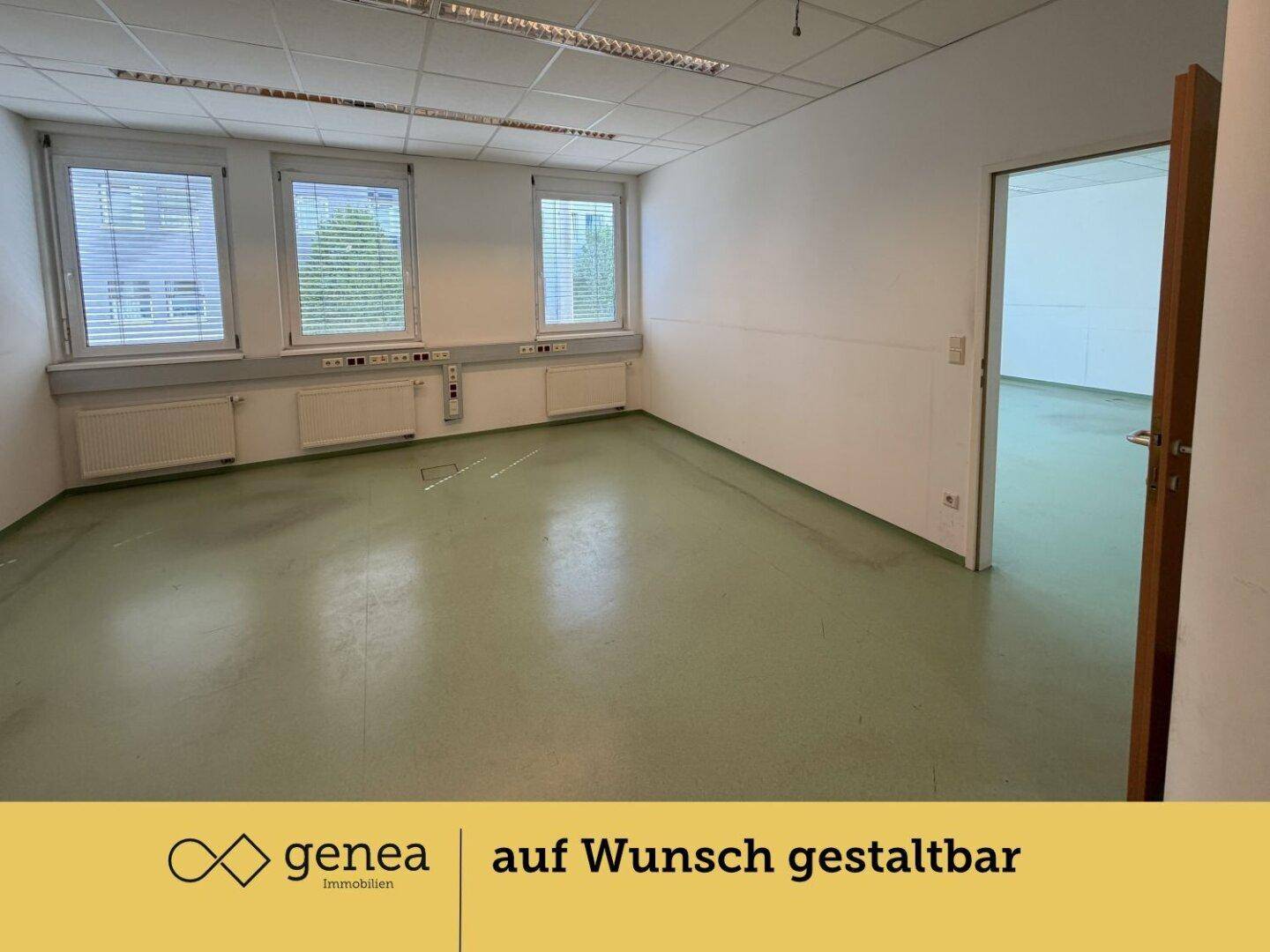 Büro mit drei Fenstern und grünem Bodenbelag, bietet viel Tageslicht und eine flexible Raumgestaltung.