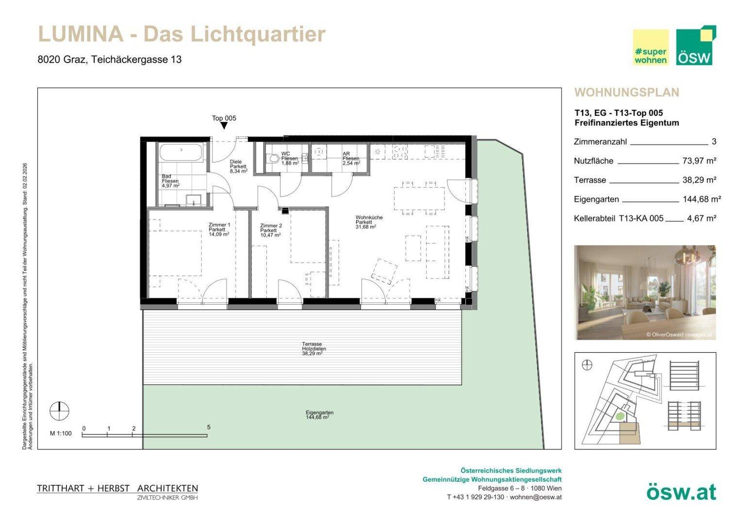 Grundriss einer 3-Zimmer-Wohnung mit großer Terrasse und eigenem Gartenanteil in einem Neubau.