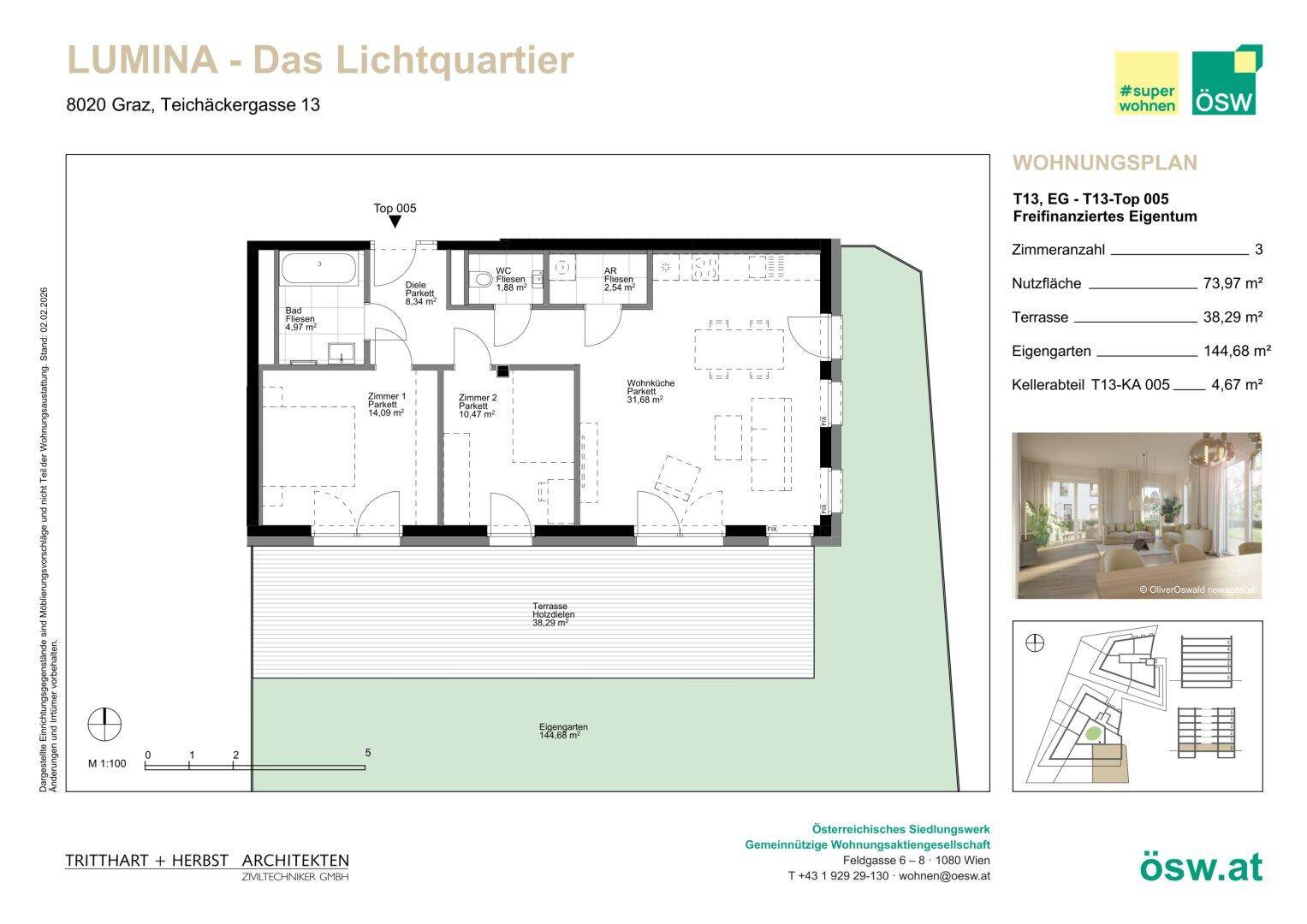 Grundriss einer 3-Zimmer-Wohnung mit großer Terrasse und eigenem Gartenanteil in einem Neubau.