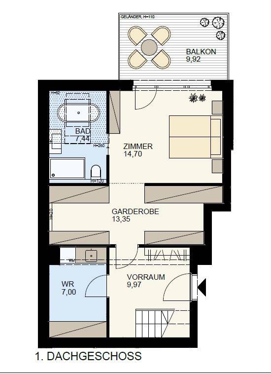 Grundriss des 1. Dachgeschosses mit Schlafzimmer, Bad, Garderobe und Balkon.