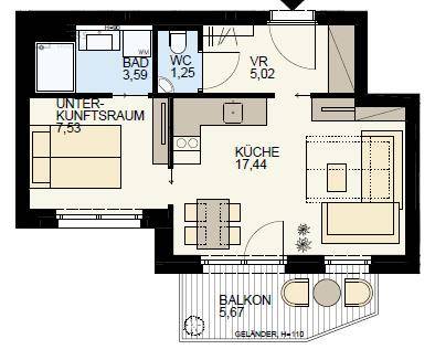 Grundriss einer Wohnung mit Bad, WC, Küche, Wohnbereich, Schlafzimmer und Balkon.