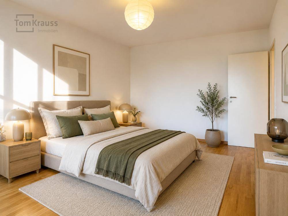 Modern eingerichtetes Schlafzimmer mit Doppelbett, Holzboden und sanfter Beleuchtung.
