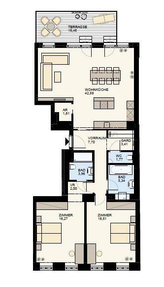 Grundriss einer Wohnung mit Wohnküche, zwei Schlafzimmern und einer Terrasse.