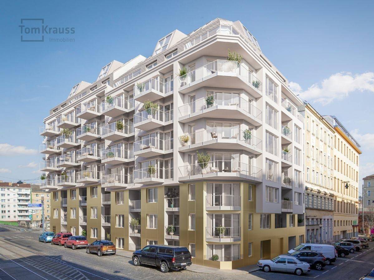 Architektonisch ansprechendes Eckgebäude mit vielen Balkonen und moderner Gestaltung in der Stadt.