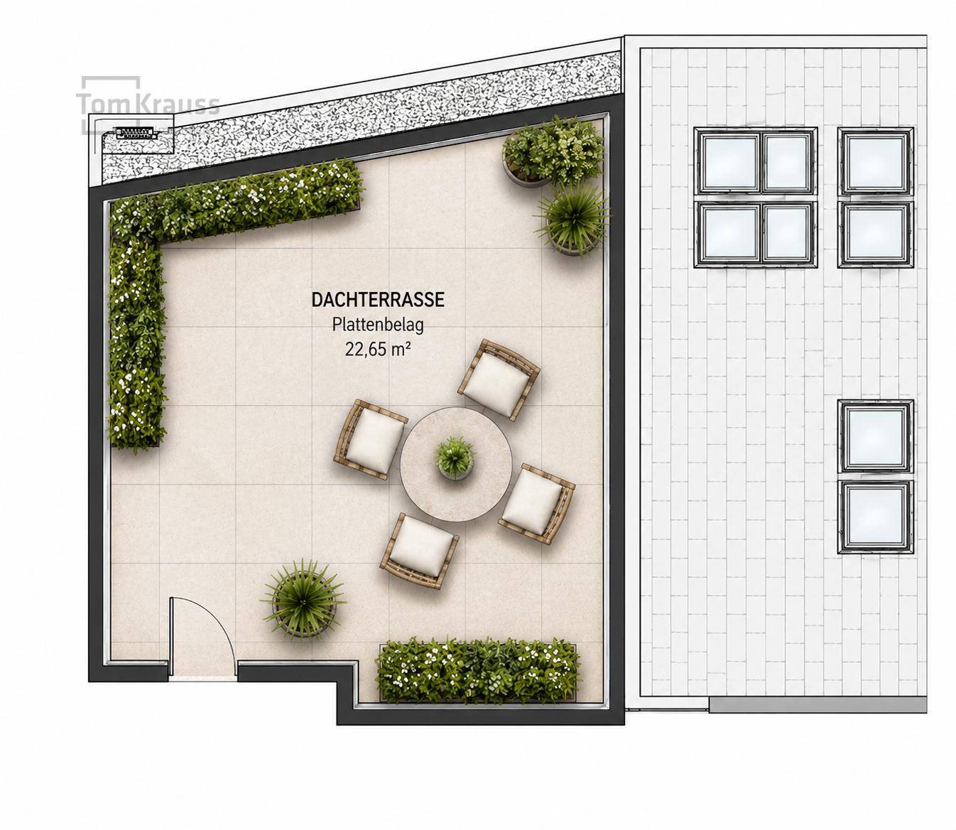 Grundriss einer Dachterrasse mit 22,65 m² Fläche und Sitzgelegenheiten.