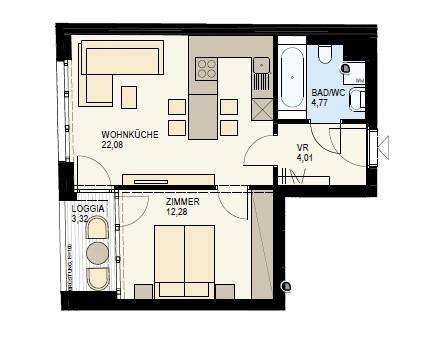 Grundriss einer Wohnung mit Wohnküche, Schlafzimmer, Bad und Loggia.