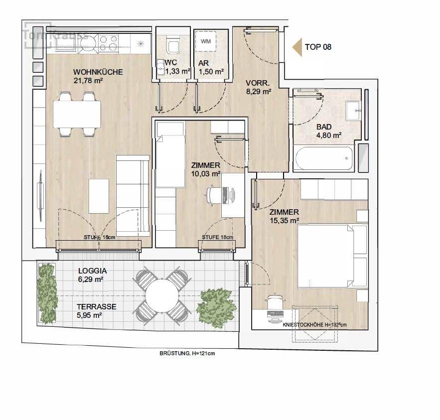 Detaillierter Grundriss einer Wohnung mit offener Wohnküche, zwei Zimmern, Bad, WC, Loggia und Terrasse.