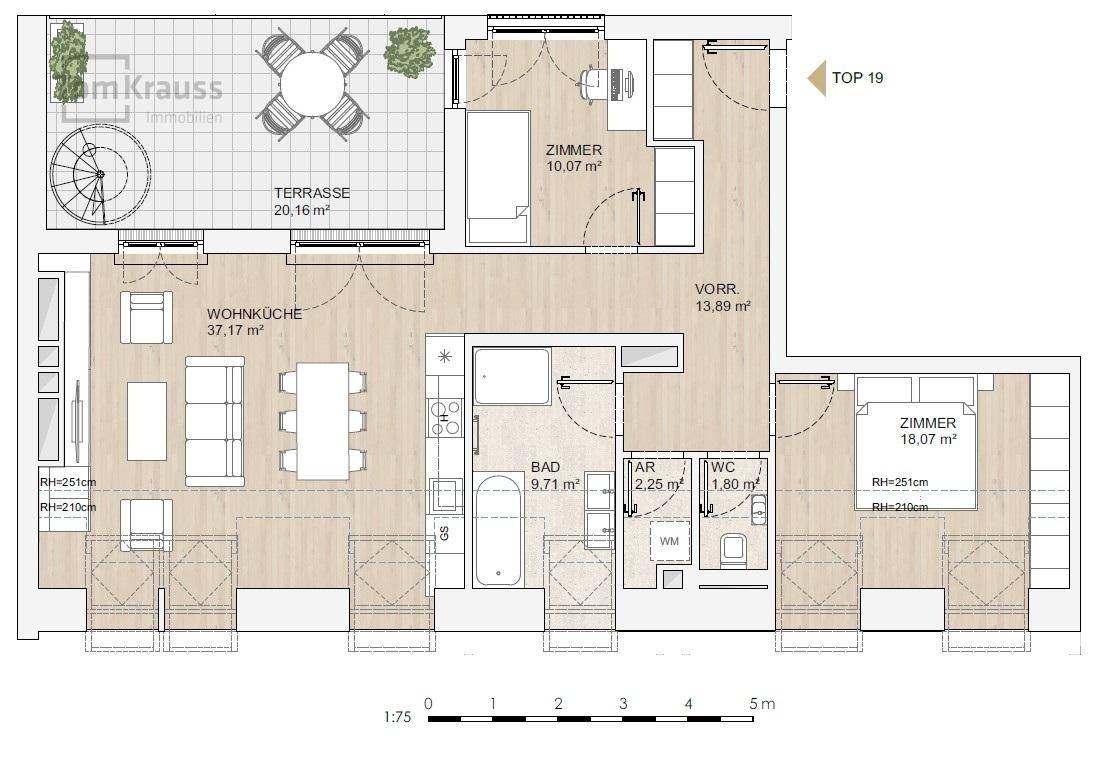 Grundriss einer Wohnung mit Terrasse, Wohnküche, Bad, WC und zwei Zimmern.