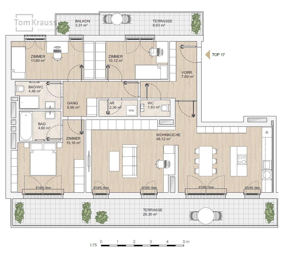 Detaillierter Grundriss einer Wohnung mit mehreren Zimmern, Bädern und Terrassen.