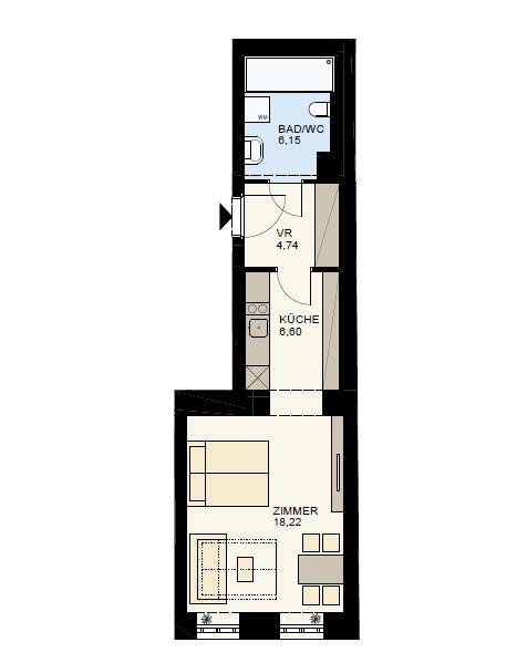 Grundriss einer kleinen Wohnung mit Zimmer, Küche, Flur und Bad/WC.
