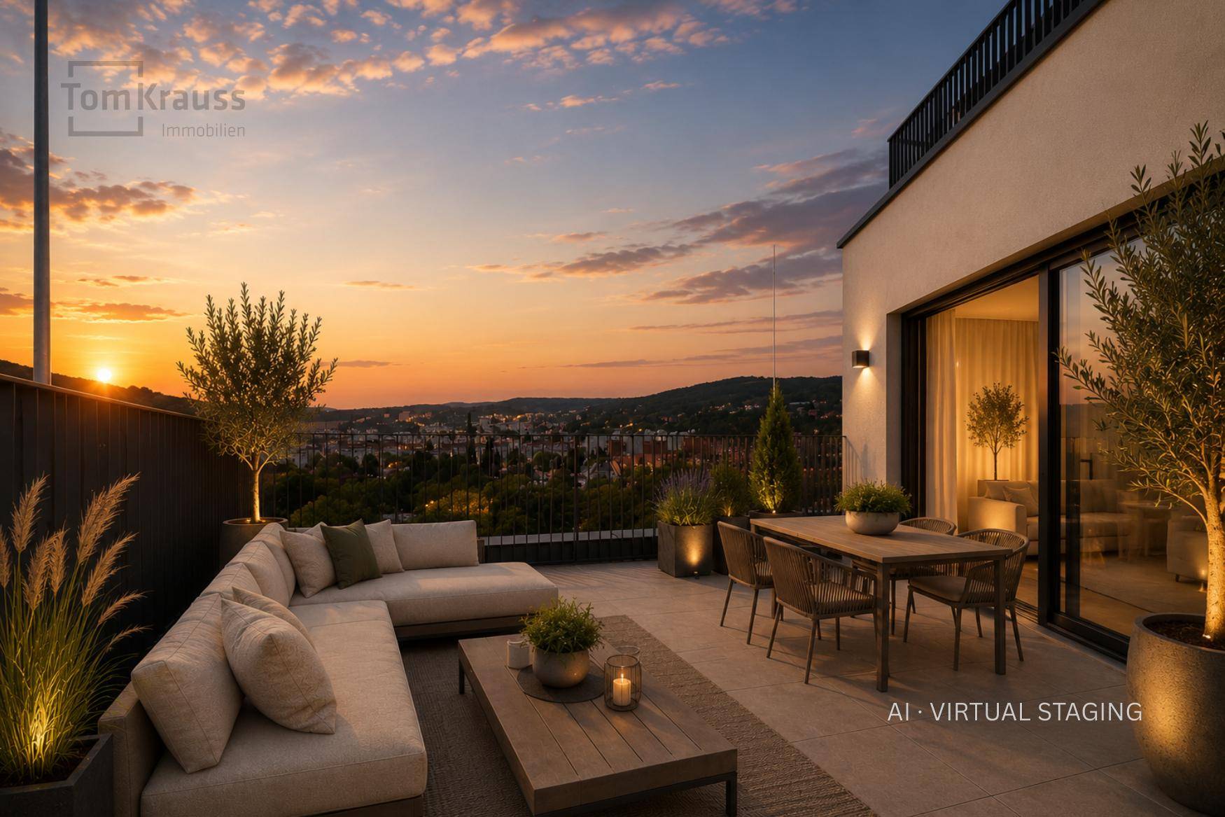 Stimmungsvolle Dachterrasse bei Sonnenuntergang mit Loungemöbeln und Stadtblick.