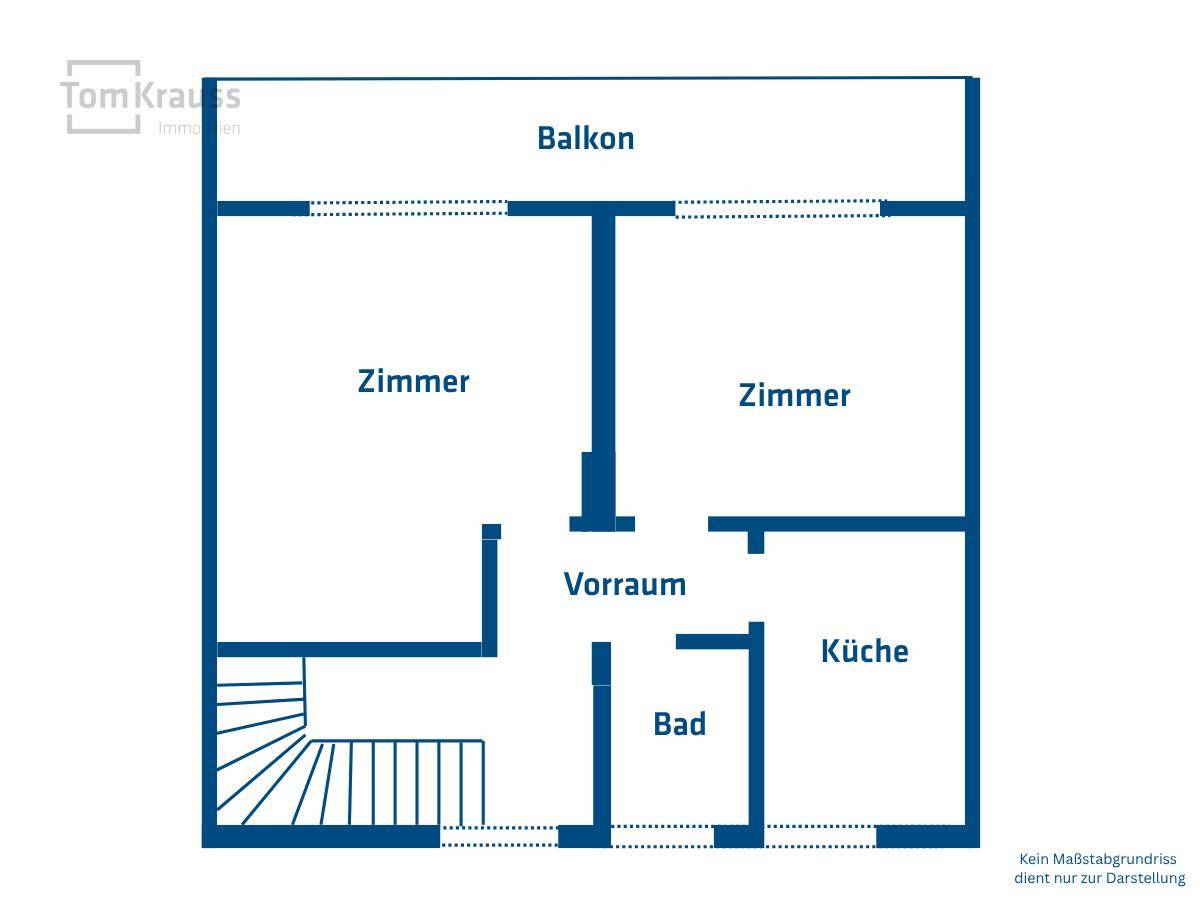 Grundriss des Obergeschosses mit zwei Zimmern, Bad, Küche und Balkon.