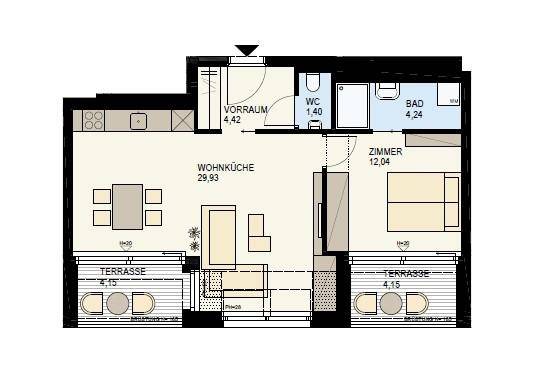Grundriss einer Wohnung mit Wohnküche, Schlafzimmer, Bad, WC und zwei Terrassen.