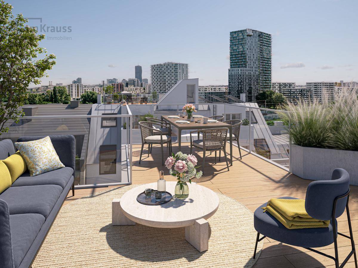 Geräumige Dachterrasse mit modernen Gartenmöbeln und weitem Blick über die Stadt.