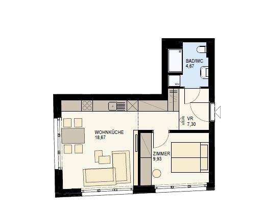 Grundriss einer Wohnung mit offener Wohnküche, Schlafzimmer und einem Badezimmer mit WC.
