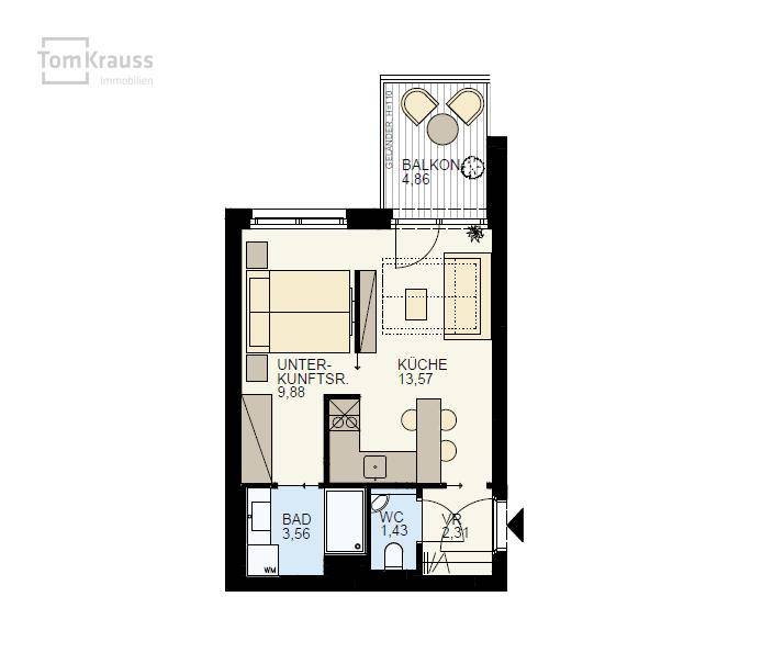 Grundriss einer Wohnung mit Balkon, Küche, Schlafzimmer, Bad und separatem WC.
