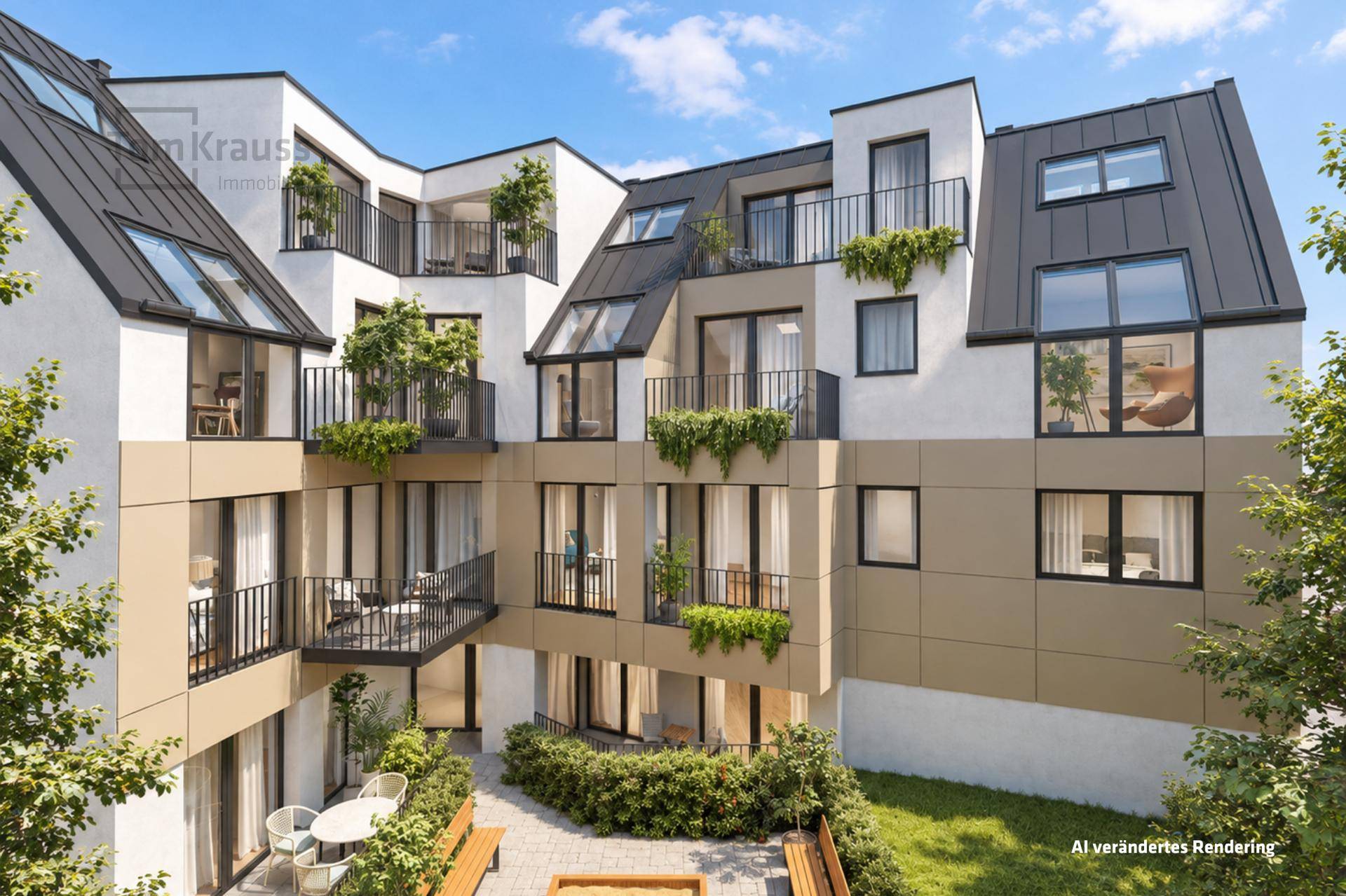 Heller Innenhof des Wohnkomplexes mit Bepflanzung, Sitzgelegenheiten und Sandkasten.