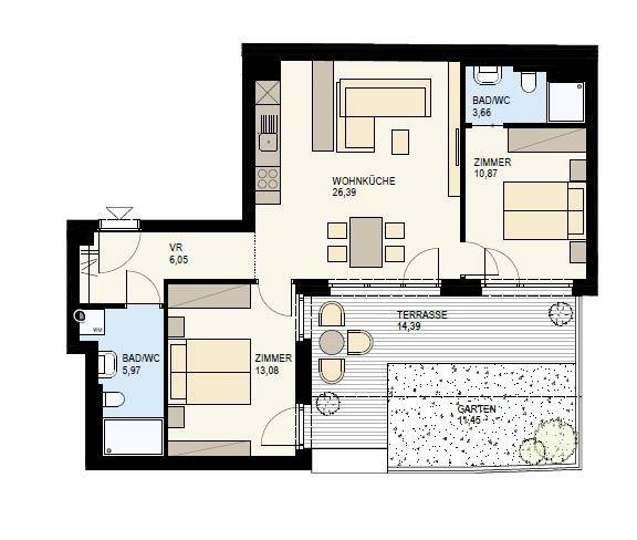 Grundriss einer Wohnung mit offener Wohnküche, zwei Zimmern, zwei Bädern und einer Terrasse mit Garten.