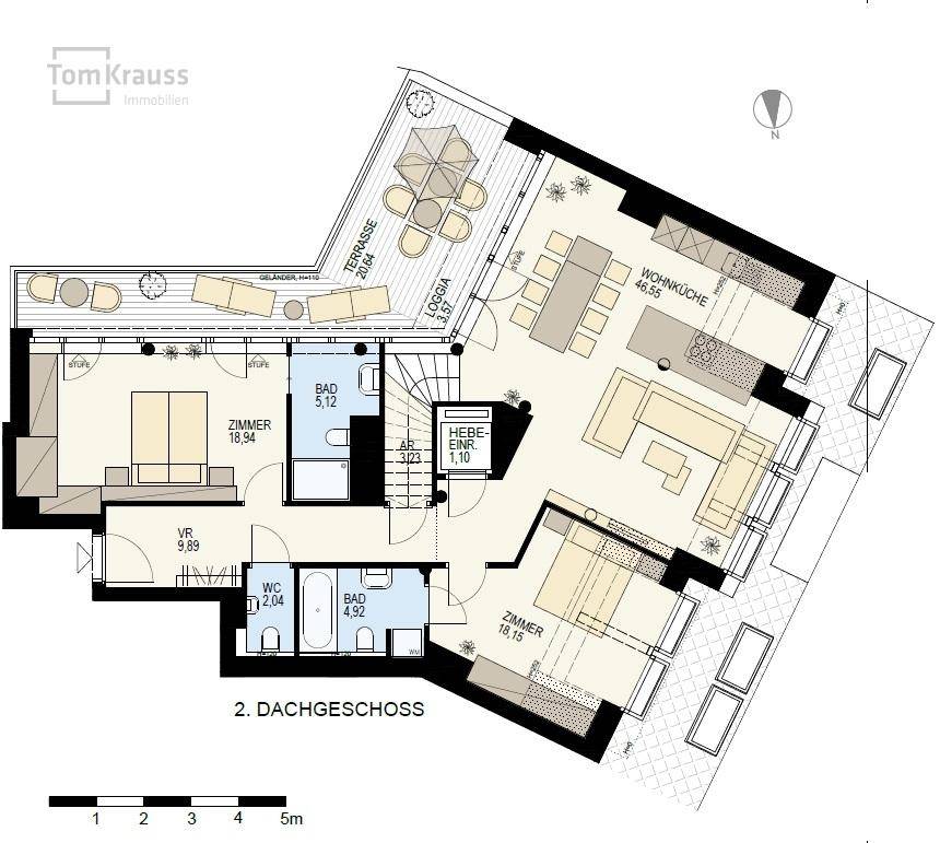 Grundriss des zweiten Dachgeschosses mit Wohnküche, Schlafzimmern, Bädern, Loggia und Terrasse.