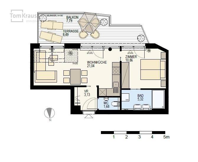 Grundriss einer Wohnung mit offener Wohnküche, Schlafzimmer, Bad, WC, Terrasse und Balkon.