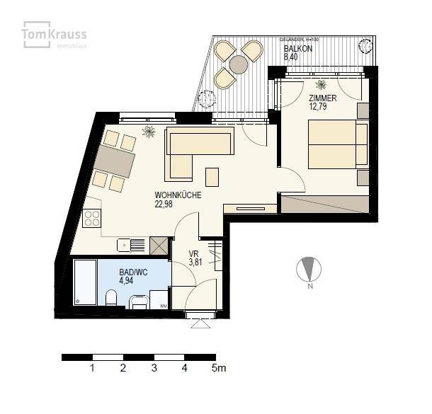Grundriss einer Wohnung mit Wohnküche, Schlafzimmer, Bad und Balkon.