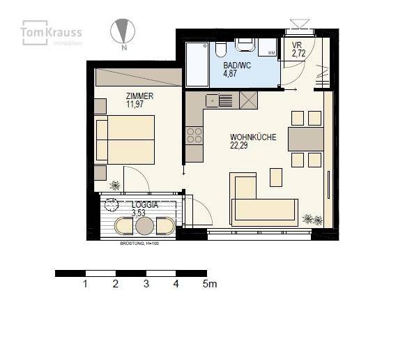 Grundriss einer Wohnung mit einem Zimmer, Wohnküche, Bad und Loggia.