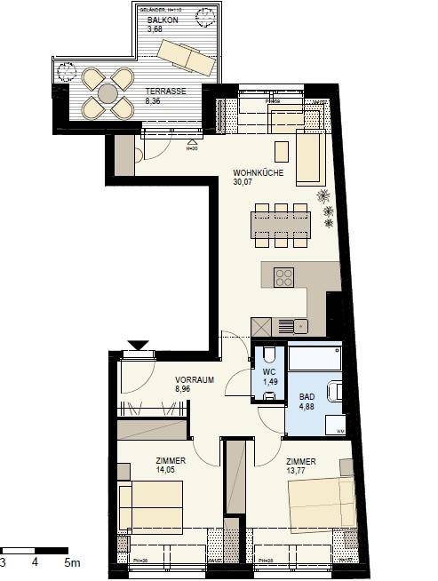 Grundriss einer Wohnung mit Wohnküche, zwei Zimmern, Bad, WC, Terrasse und Balkon.