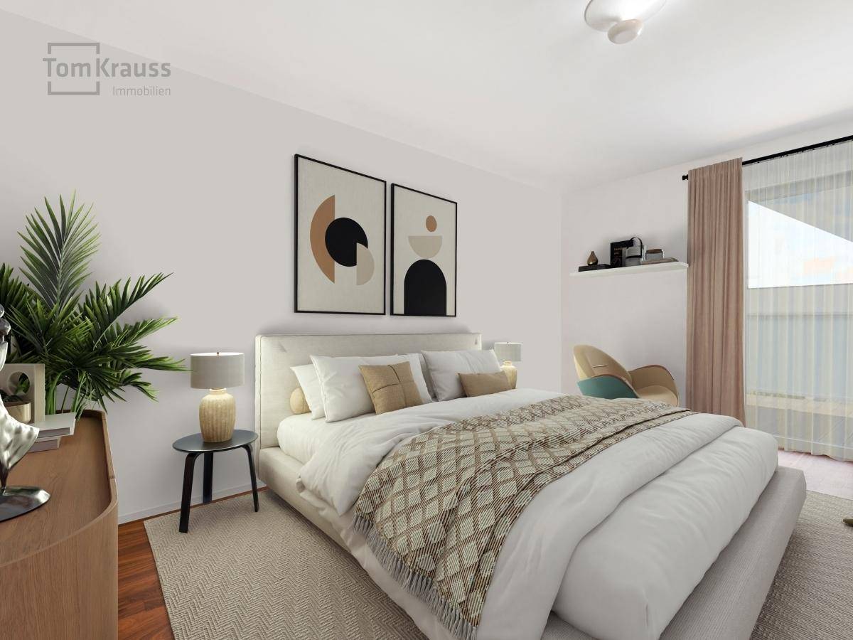 Modern eingerichtetes Schlafzimmer mit großem Bett, minimalistischer Dekoration und Zugang zum Balkon.
