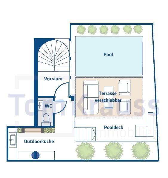 Grundriss des Außenbereichs mit Pool, verschiebbarer Terrasse und Außenküche.
