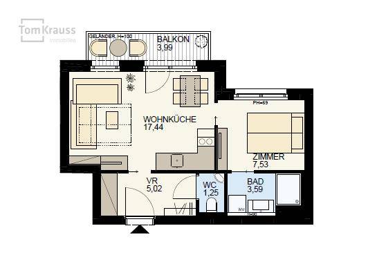 Grundriss einer Wohnung mit Wohnküche, Zimmer, Bad und separatem WC sowie Balkon.