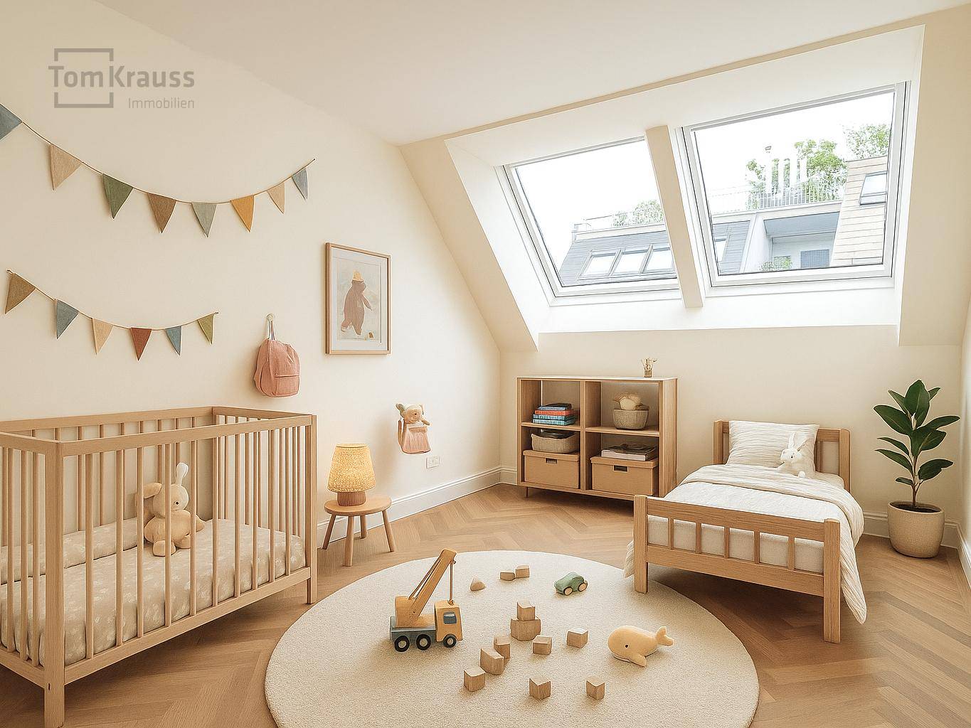 Freundliches Kinderzimmer mit Dachfenstern, Fischgrätparkett und kindgerechter Einrichtung.