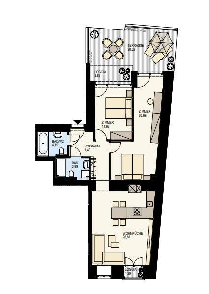 Grundriss einer Wohnung mit Wohnküche, zwei Zimmern, zwei Bädern und Terrasse.
