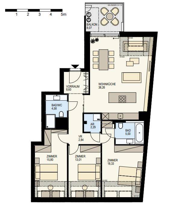 Detaillierter Grundriss einer Wohnung mit drei Zimmern, Balkon und offener Wohnküche.