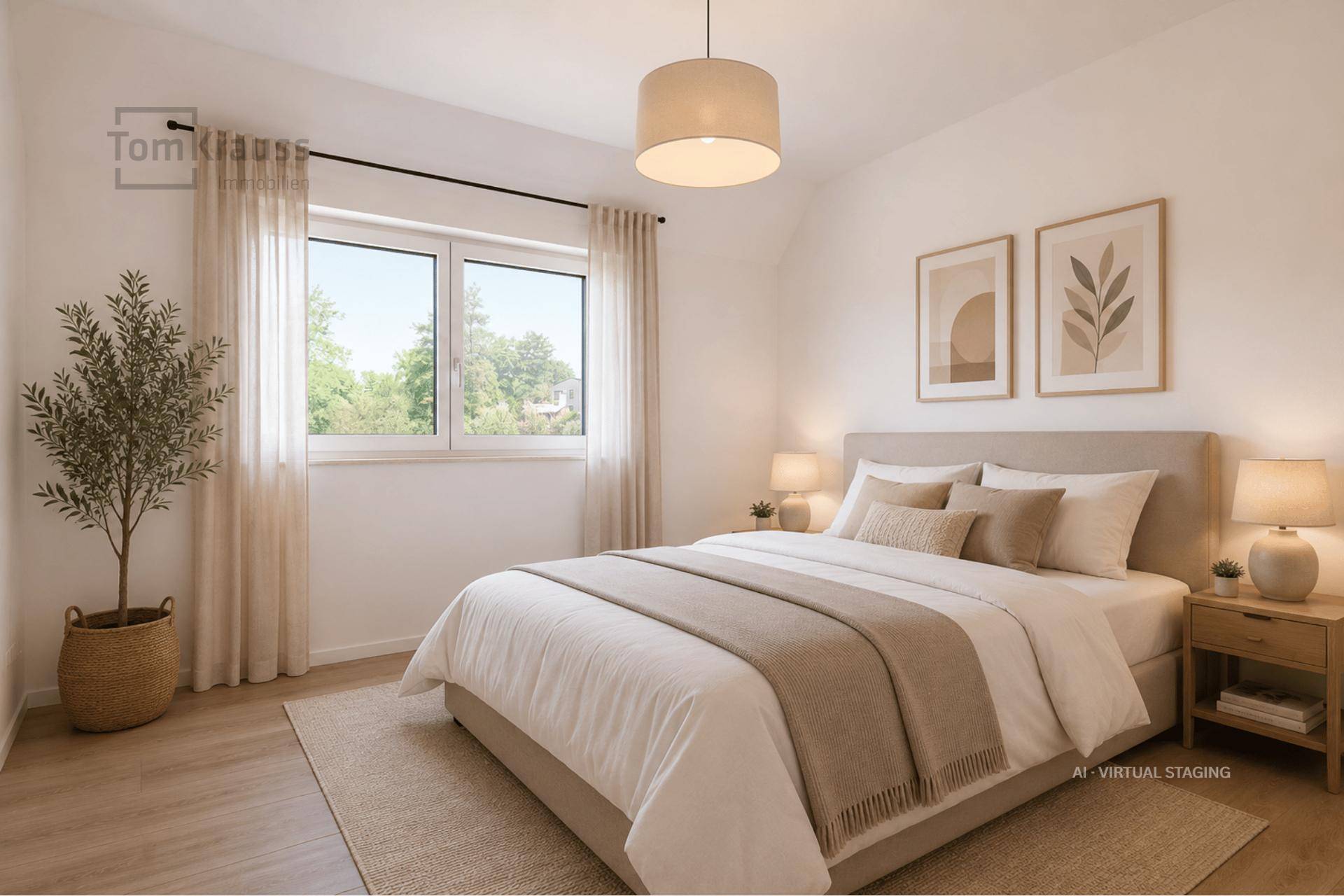 Gemütliches Schlafzimmer mit modernem Design, großem Fenster und viel Tageslicht.