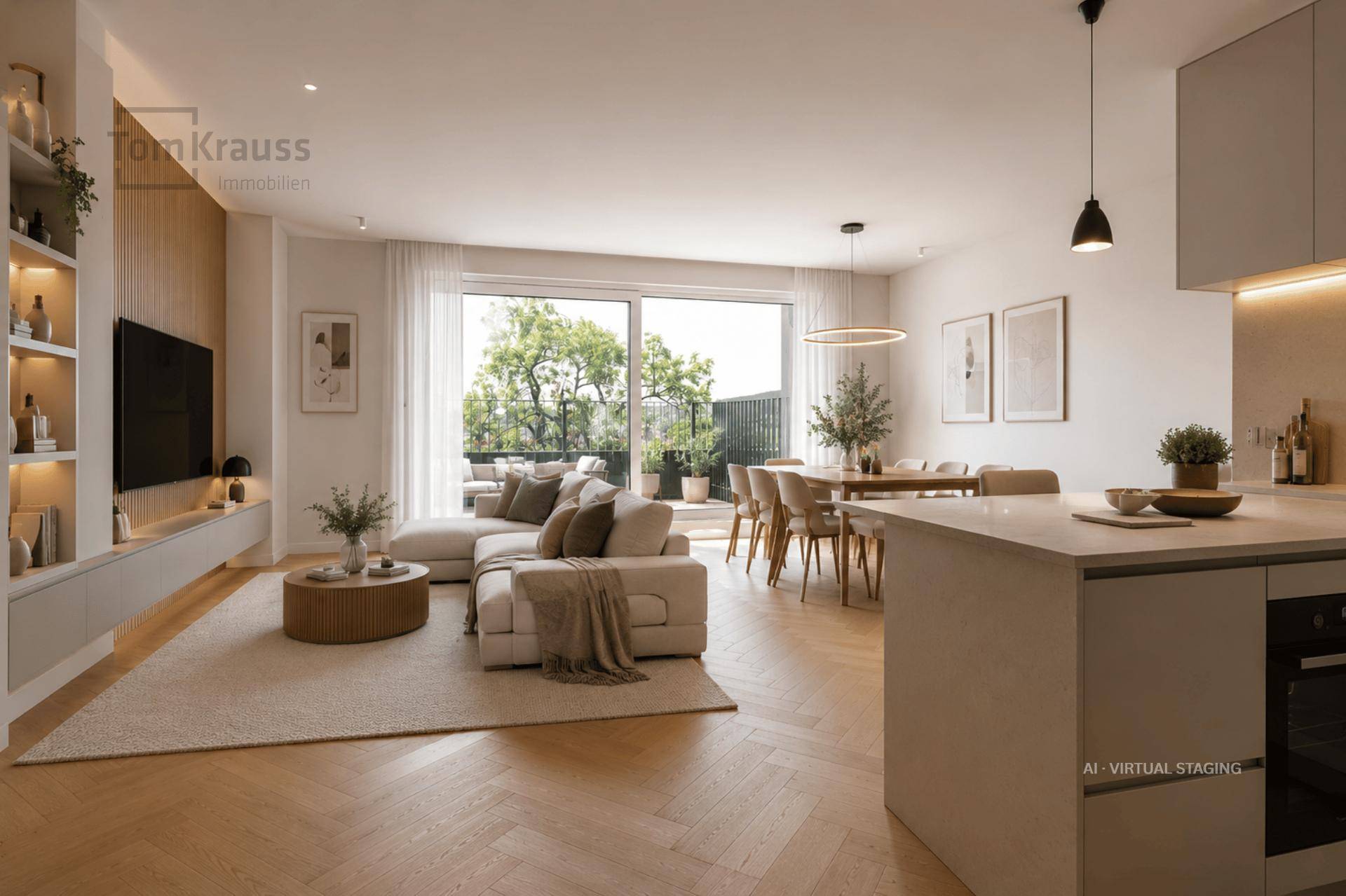 Modernes, offenes Wohn-Esszimmer mit integrierter Küche und Zugang zur Terrasse.