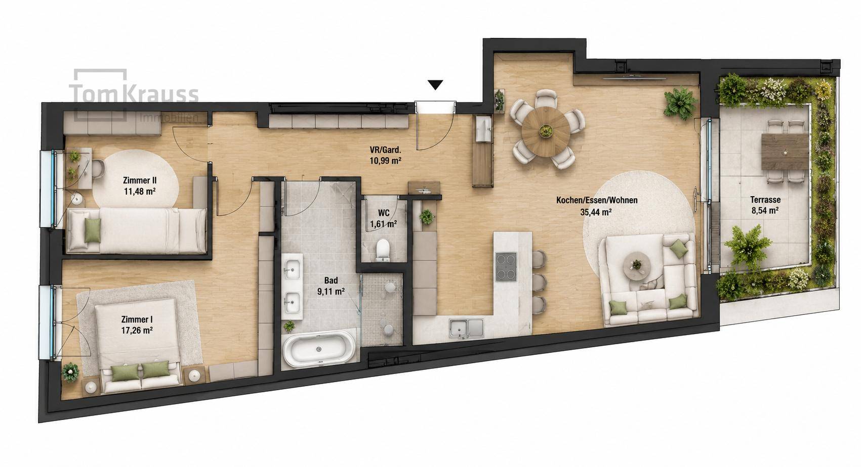 Detaillierter Grundriss einer Wohnung mit zwei Schlafzimmern, Bad und Terrasse.