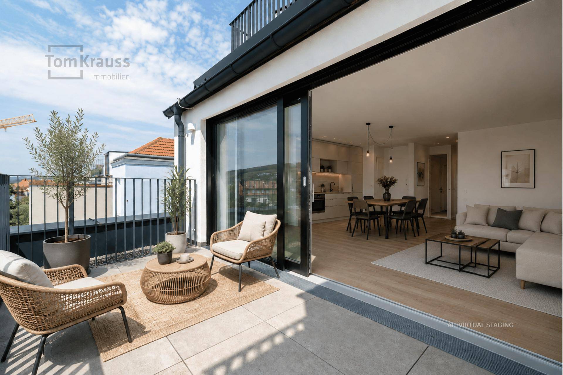 Helle Terrasse mit Sitzgelegenheiten und Zugang zum offenen Wohnbereich.
