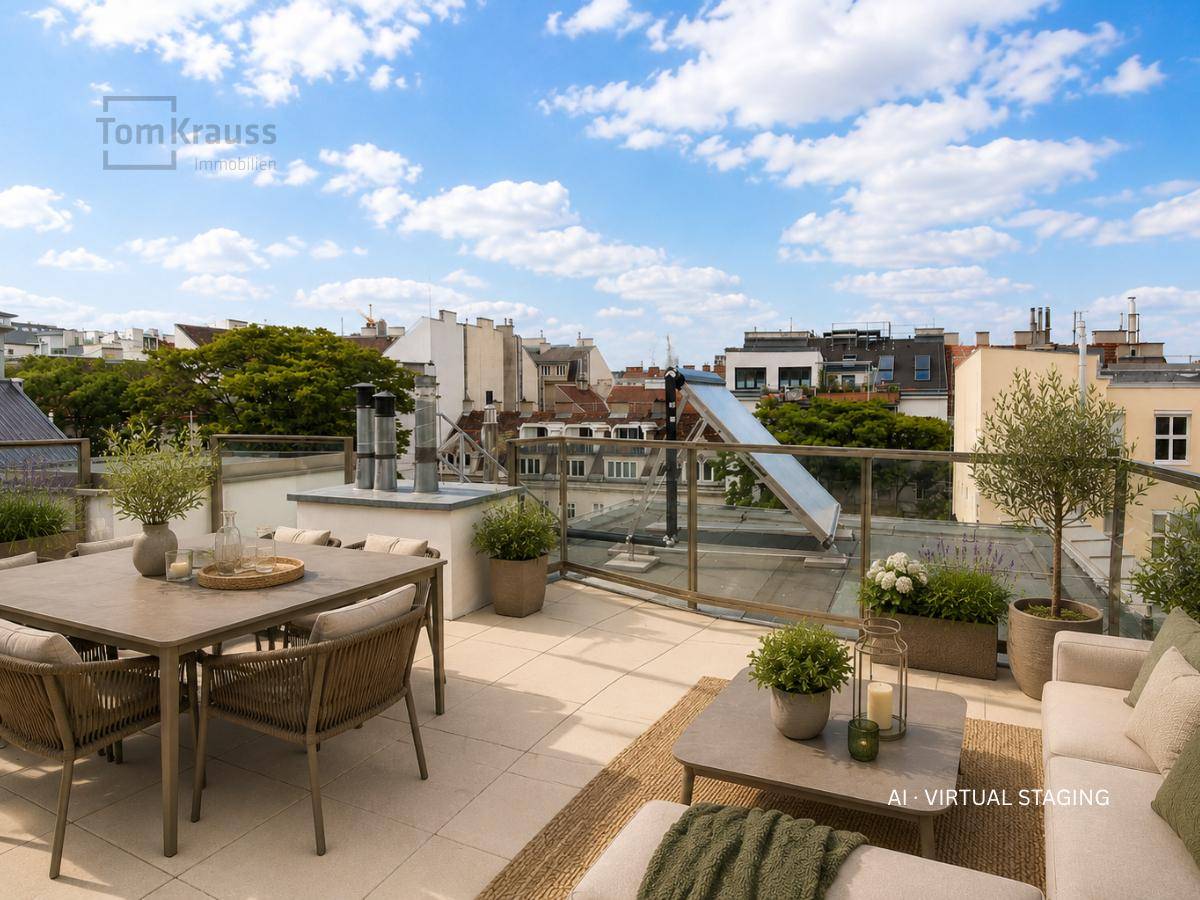 Möblierte Dachterrasse mit Essbereich und Lounge-Möbeln, ideal für Entspannung im Freien.