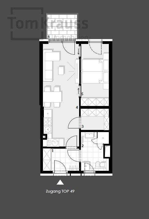 Grundriss einer Wohnung mit offenem Wohnbereich, Schlafzimmer und Balkon.