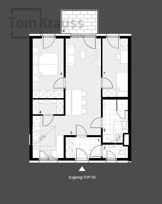 Grundriss einer Wohnung mit offenem Wohnbereich und Zugang zu einem Balkon.