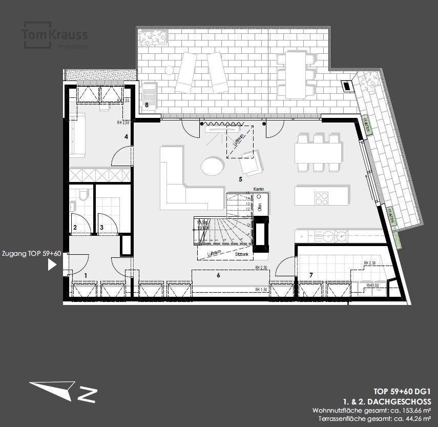 Grundriss des ersten Dachgeschosses mit offenem Wohnbereich, Küche und großer Terrasse.