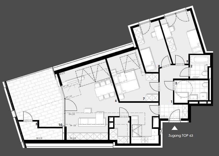 Detaillierter Grundriss einer Wohnung mit mehreren Zimmern und einer großen Außenterrasse.