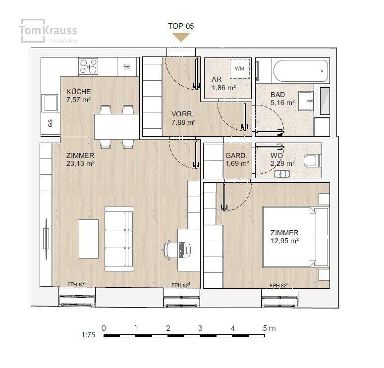 Grundriss einer Wohnung mit zwei Zimmern, Küche, Bad und separatem WC.
