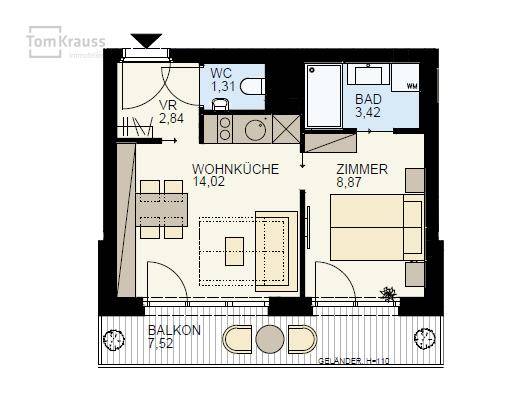 Detaillierter Grundriss einer Wohnung mit Wohnküche, Schlafzimmer, Bad, WC und Balkon.