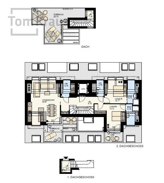 Grundriss einer Dachgeschosswohnung mit zwei Ebenen und mehreren Terrassen.