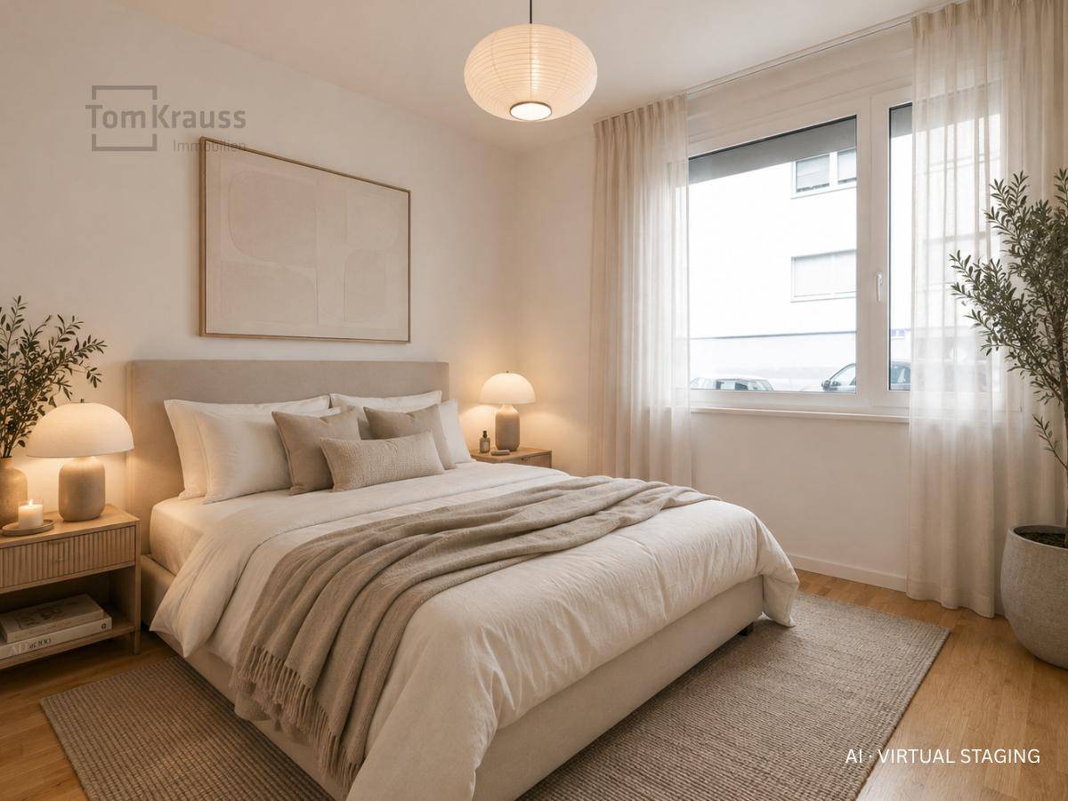 Virtuell inszeniertes Schlafzimmer mit Doppelbett, Nachttischen und großem Fenster.