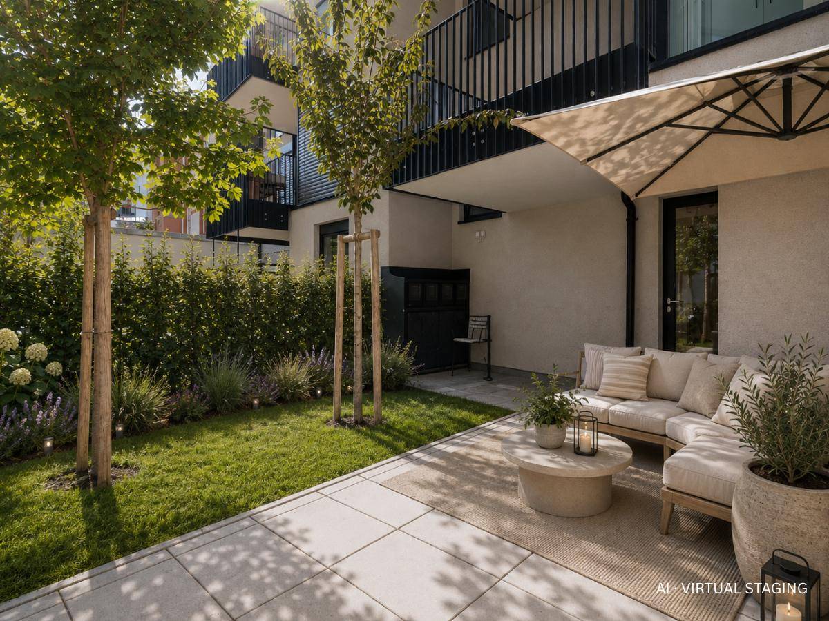 Virtuell inszenierte Terrasse mit Sitzgruppe, Sonnenschirm und gepflegtem Garten.