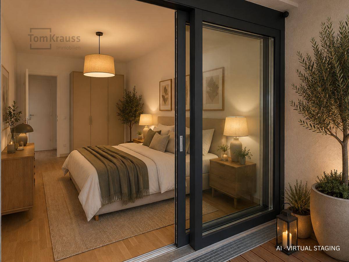 Möblierter Balkon mit Pflanzen und Blick in ein stilvoll eingerichtetes Schlafzimmer.