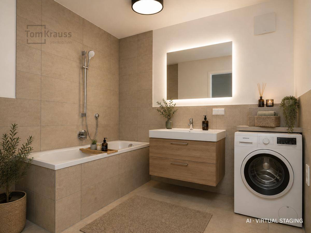 Modernes Badezimmer mit Badewanne, Waschbeckenunterschrank und integrierter Waschmaschine.