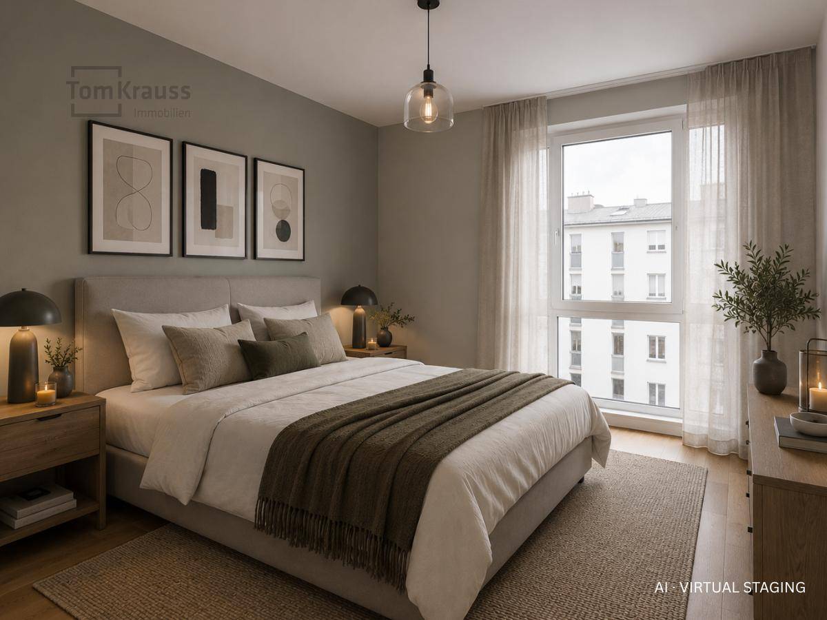 Stilvolles Schlafzimmer mit Doppelbett, Holzboden und großem Fenster mit Stadtblick.